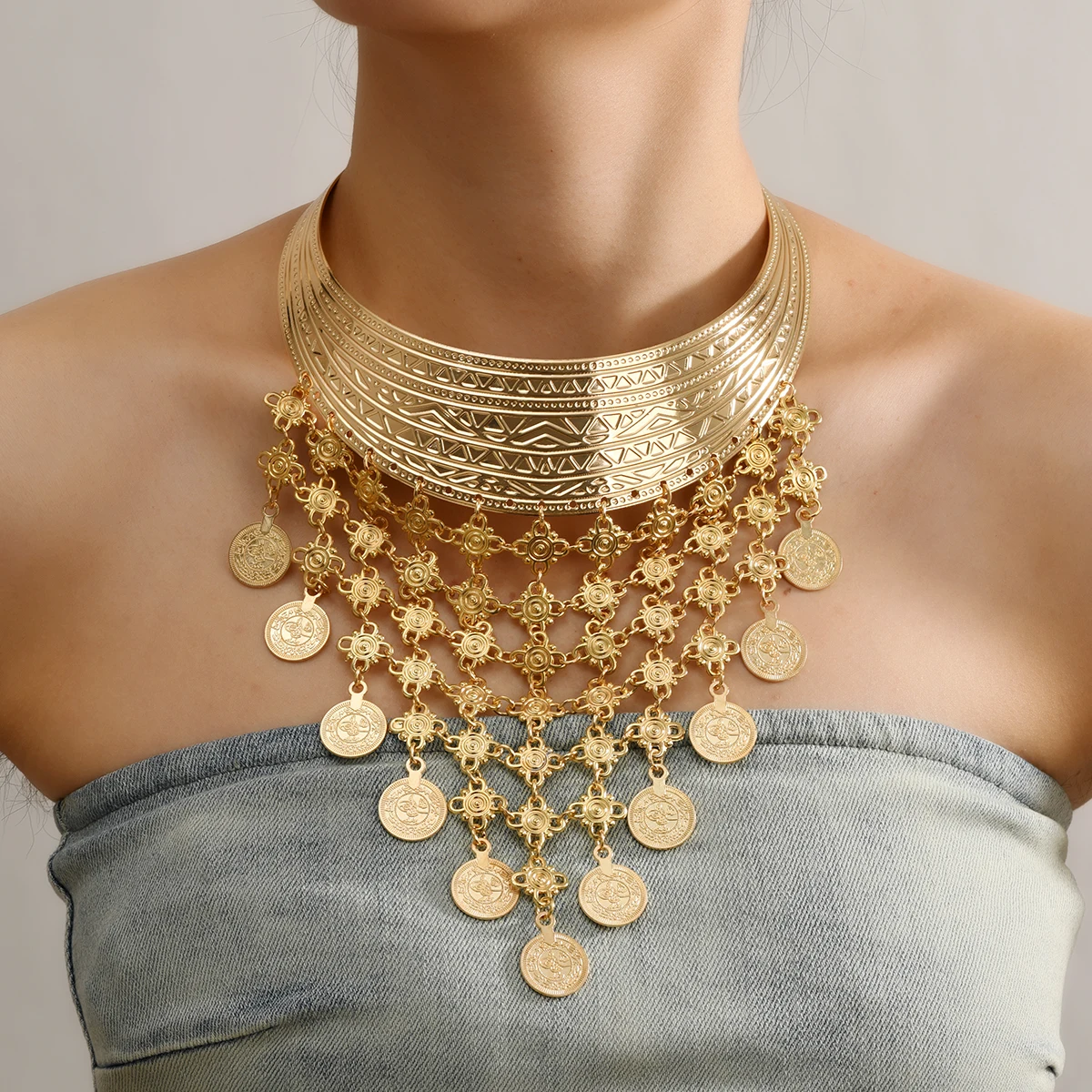 New Bold Punk Metal Floral Print Necklace Tassel Pendant Fashion Layered Jewelry Women's Statement Accessory