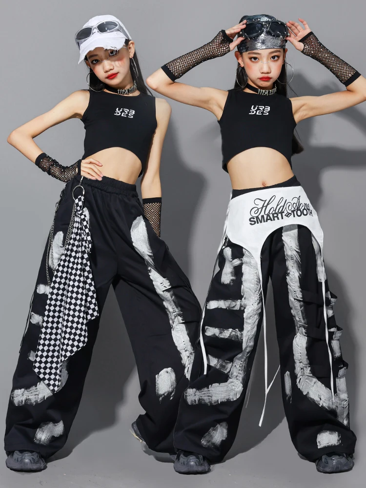 

Летняя одежда для джазовых танцев для девочек, черный жилет, мешковатые штаны, костюм в стиле хип-хоп, детский костюм для выступлений, одежда для современных танцев BL16747