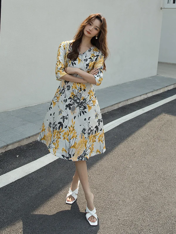 Wysokiej jakości elegancka sukienka damska na wiosnę i lato z krótkim rękawem, w kształcie litery A, żakardowe kwiaty, elegancki dekolt w serek, suknia ślubna dla panny młodej, sukienka na przyjęcie.