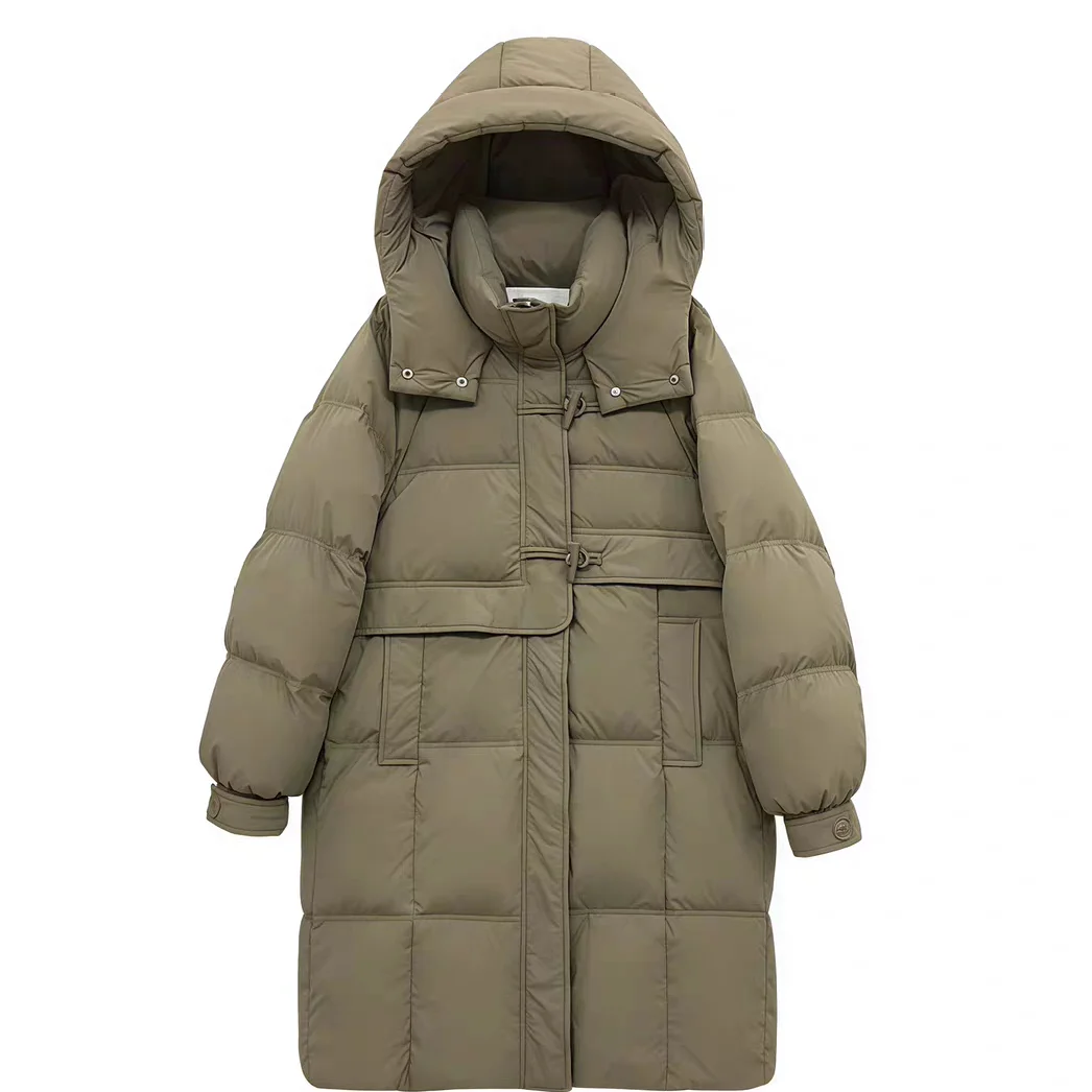 화이트 두 다운 자에 여성용 비대칭 디자인 한국 스타일 겨울 중간 길이 후드 코트 버튼 프론트 클로저 단색