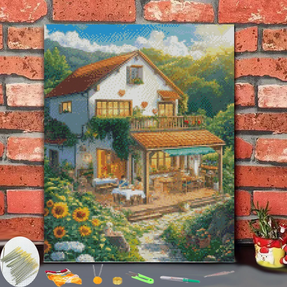 Cross Stitch Embroidery Stitching Forest Lodge Afternoon Tea Art Style Thread Chart DIY Needlework Kit Count Print on Can