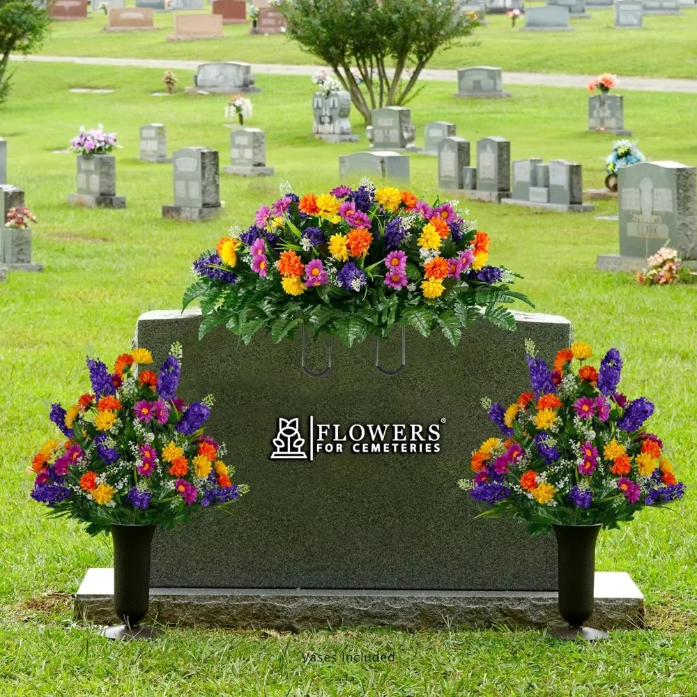 زهور برية مقبرة صناعية واقعية لتزيين القبر - زهور تذكارية غير منتفخة، سهلة التركيب، تدوم طويلاً