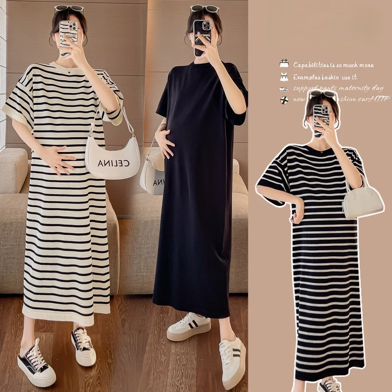 2025 New plus Size Long Knitted Ice Silk Loose Maternity Dress Short Sleeve Stripe round Neck Street Style Trendy Women Dress