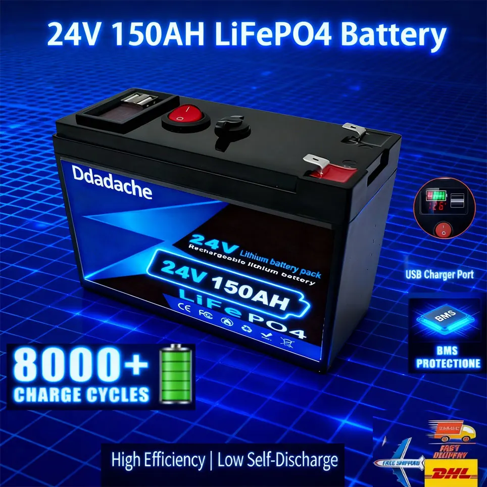 Batterie au lithium à cycle élevé 🤼 Batterie LiFePO4 24V150Ah à décharge profonde 🤼 ‍ ♂️ Batterie au phosphate de fer, idéale pour l'énergie solaire hors réseau, le camping et les camping-cars