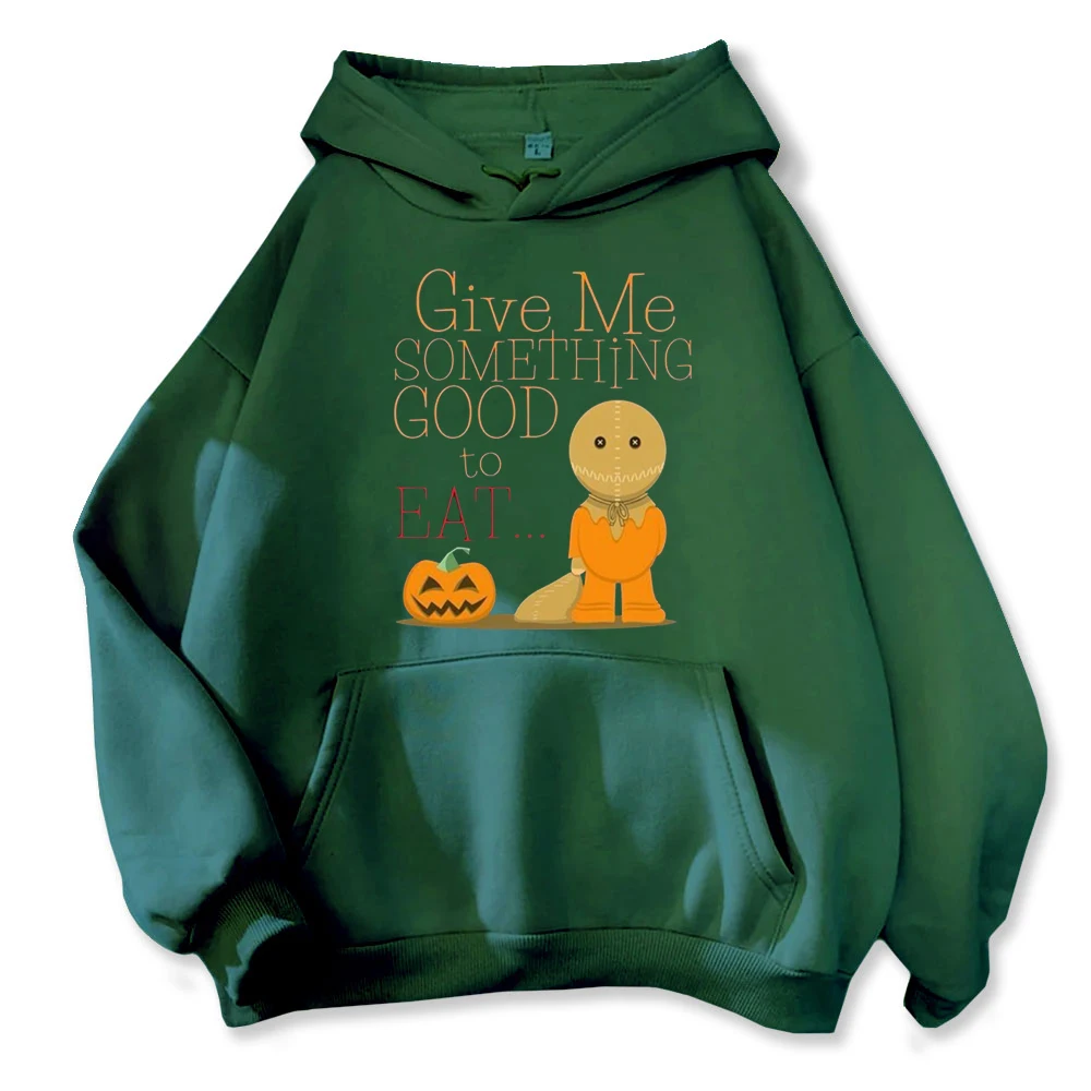 Trick-or-Treat Ready Hoodie - Orange Pumpkin Sitter with 'Give Me Something Good To Eat' Message Hoodies Women Men Clothing