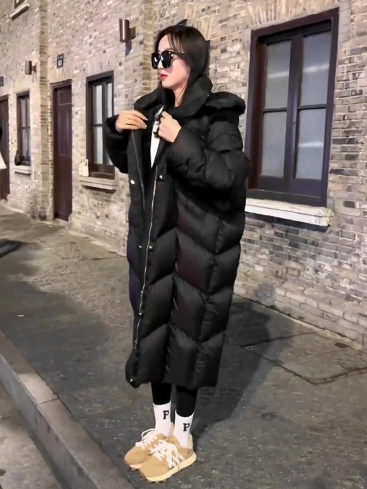 Długi płaszcz puchowy z kapturem, za kolano, damski, ciepły, w stylu koreańskim, prosty krój, materiał z pamięcią kształtu.