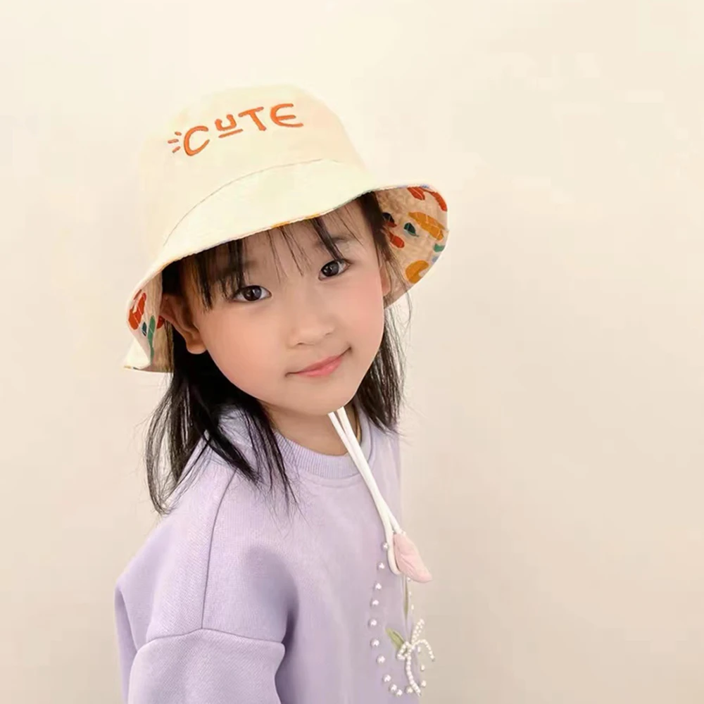 Double Sided Kids Bucket Hat With String Cute Letter Embroidered Boys Girls Fisherman Panama Cap Summer Outdoor Sun Hats Gorras