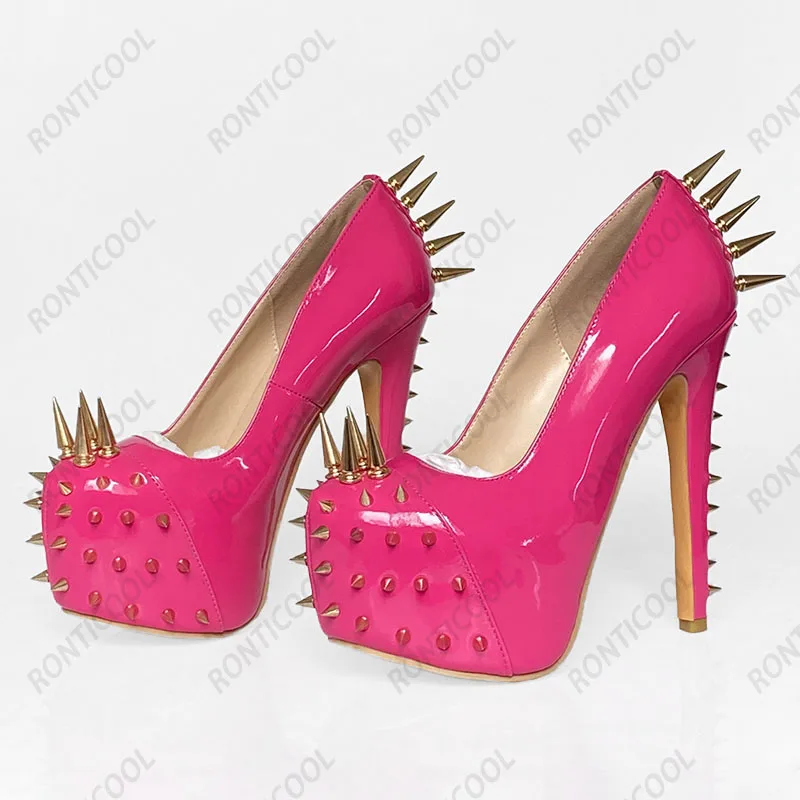 Ronticool Women Cosplay Pumps Studded Sexy Stiletto Heels Round Toe Pink Fuchsia Black Night Club Shoes Women US Plus Size 5-13