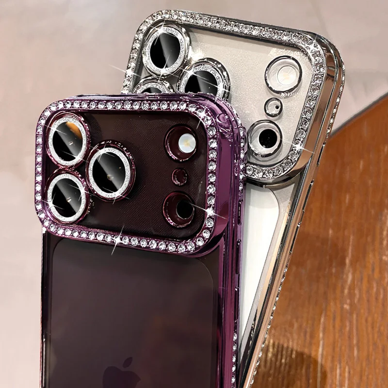 Luxuriöse Bling-Kristall-Linsenschutzfolie Handyhülle für iPhone 11 12 13 14 15 16 17 18 Pro Max Plus Air Stoßfeste Silikon-Bumper-Hülle – Detail 2