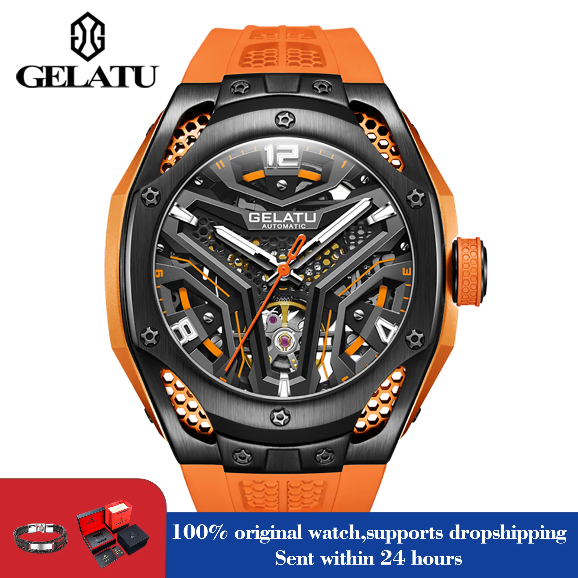 

GELATU 6007, мужские часы, лучший бренд, спортивные автоматические механические часы для мужчин, водонепроницаемые цифровые весы, полый силиконовый ремешок, мужские часы