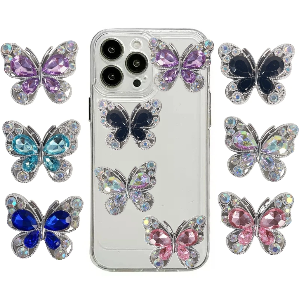 5pcs New Arrival Elegant Bling Coloful Rhinestone Butterfly Resin Charms Diy Pendent Jewelry Crafts Junk Phone Case Decorations