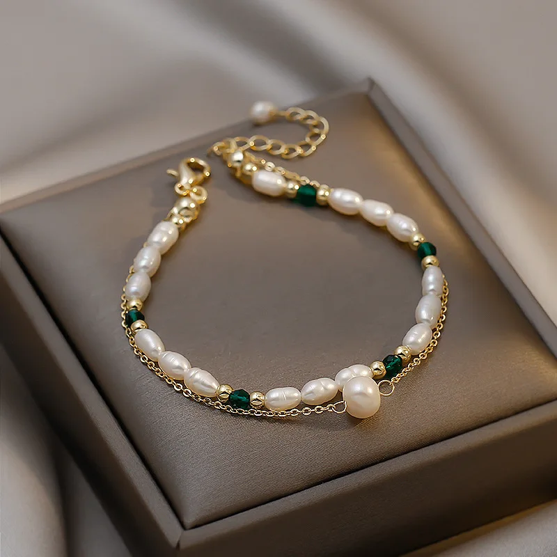 

Vintage Fashion Double Chain Natural Pearl Bracelet for Women 2022 New Korean Green Crystal Lucky Bracelet Luxury Jewelry