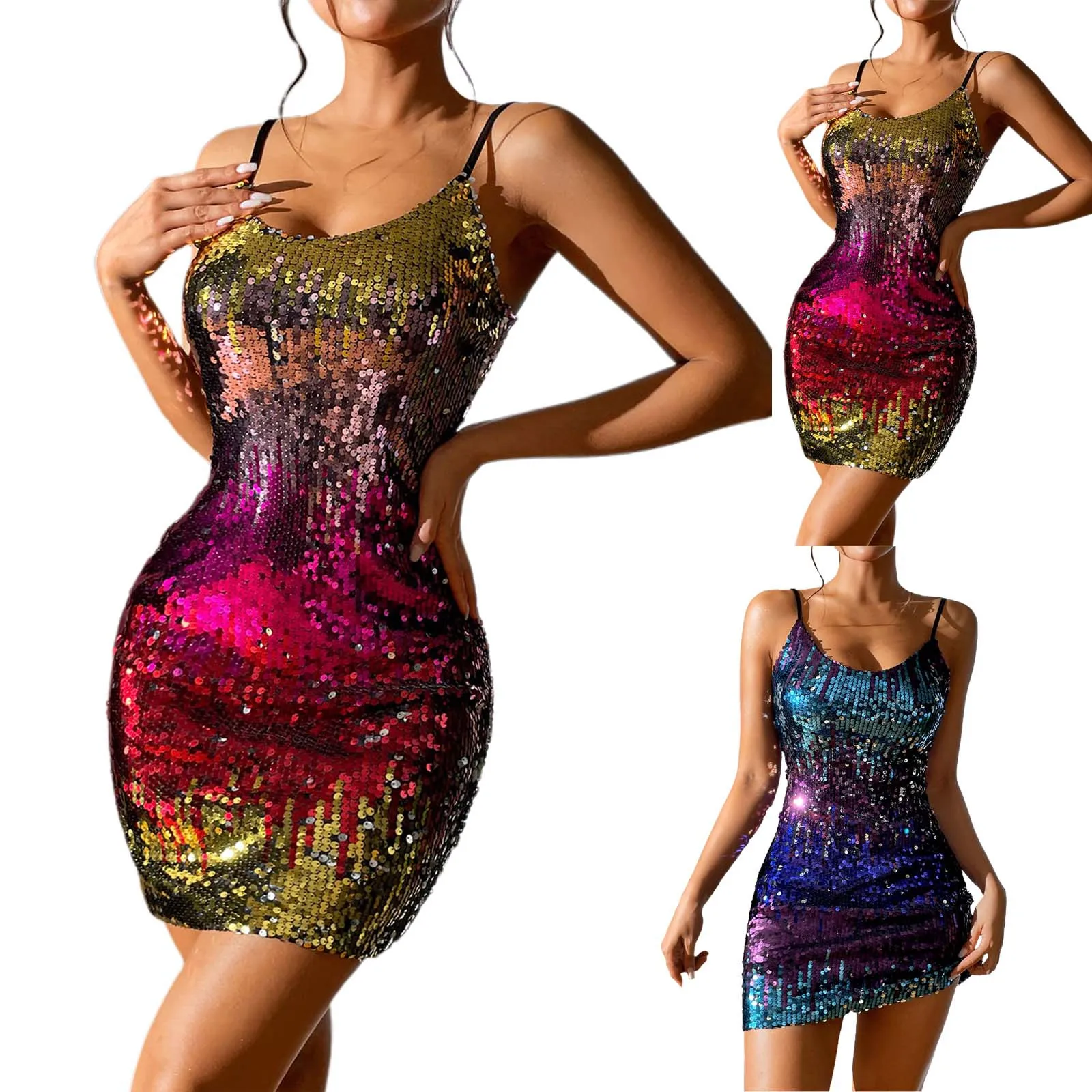 Women's Sparkly Sequin Bodycon Dress Sleeveless V Neck Cocktail Party Maxi Dress Winter Cocktail Dresses for Women Evening Party