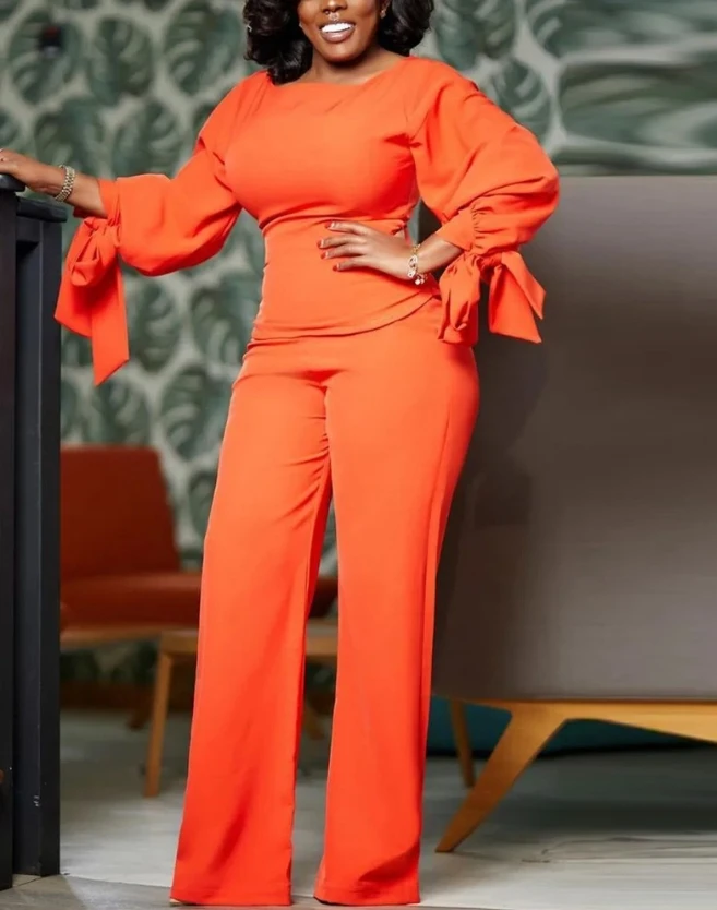 

Two Piece Set Women Outfit 2023 Autumn New Casual Long Sleeve Lantern Sleeve Tied Detail Top & Fashion Elegant Pants Set
