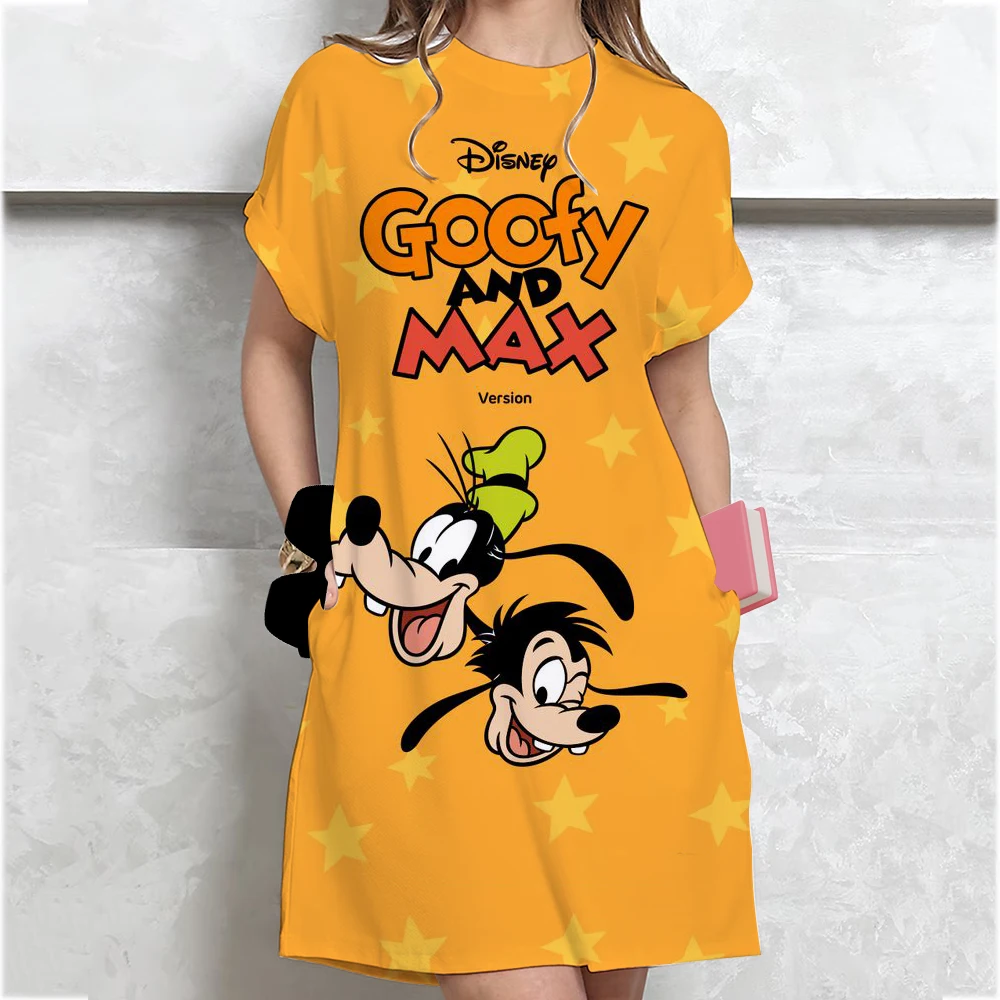 Zomer losse Disney Goofy bedrukte T-shirtjurk dameskleding student medium korte mouw jurk cartoon stijl polyester Fabri