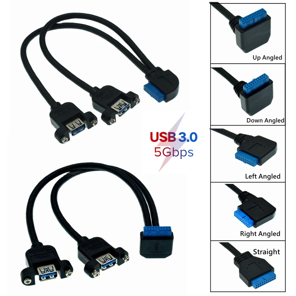 

90 Degree Up Down Left Right Angle Elbow USB 3.0 Dual Ports Female Screw Mount Type To Motherboard 20pin Header Cable Cord 0.3m