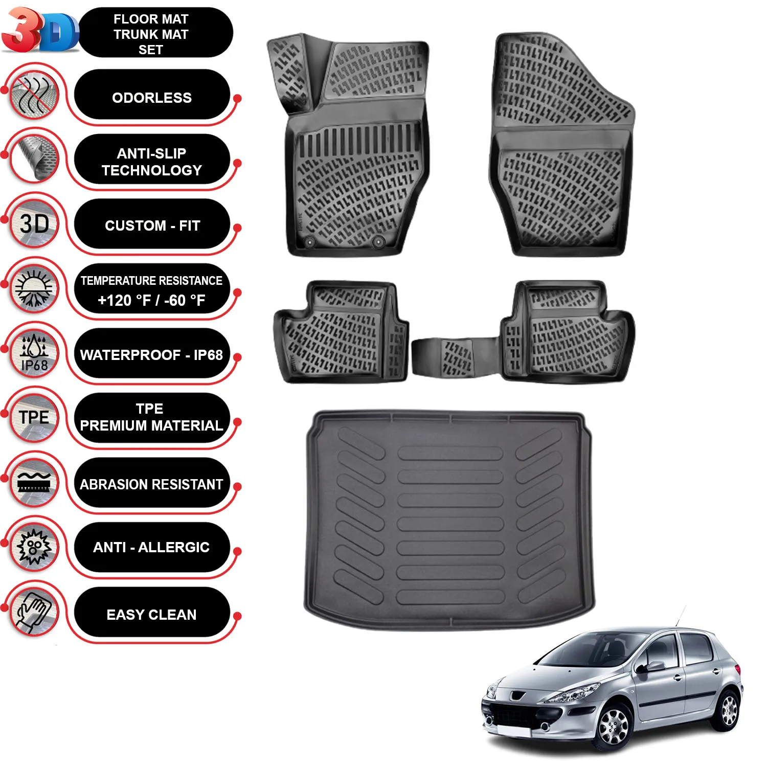 Peugeot 307 - (2001-2008) - Floor Mats + Cargo Trunk Liner - SET - (Black)