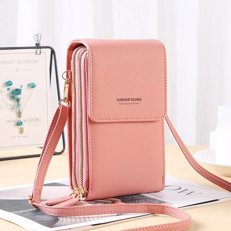 New Women Crossbody Wallets Female Solid Color Shoulder Bags Ladies Double Zipper Purse Girls Multi Functional Cell Phone Bag