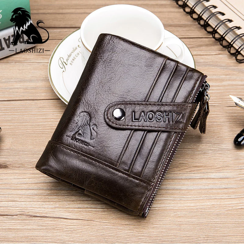 Classic Style Genuine Leather Men Wallet Cowhide Purse With Double Zipper Short Desigh Coin Pockets Anti RFID Card Holders