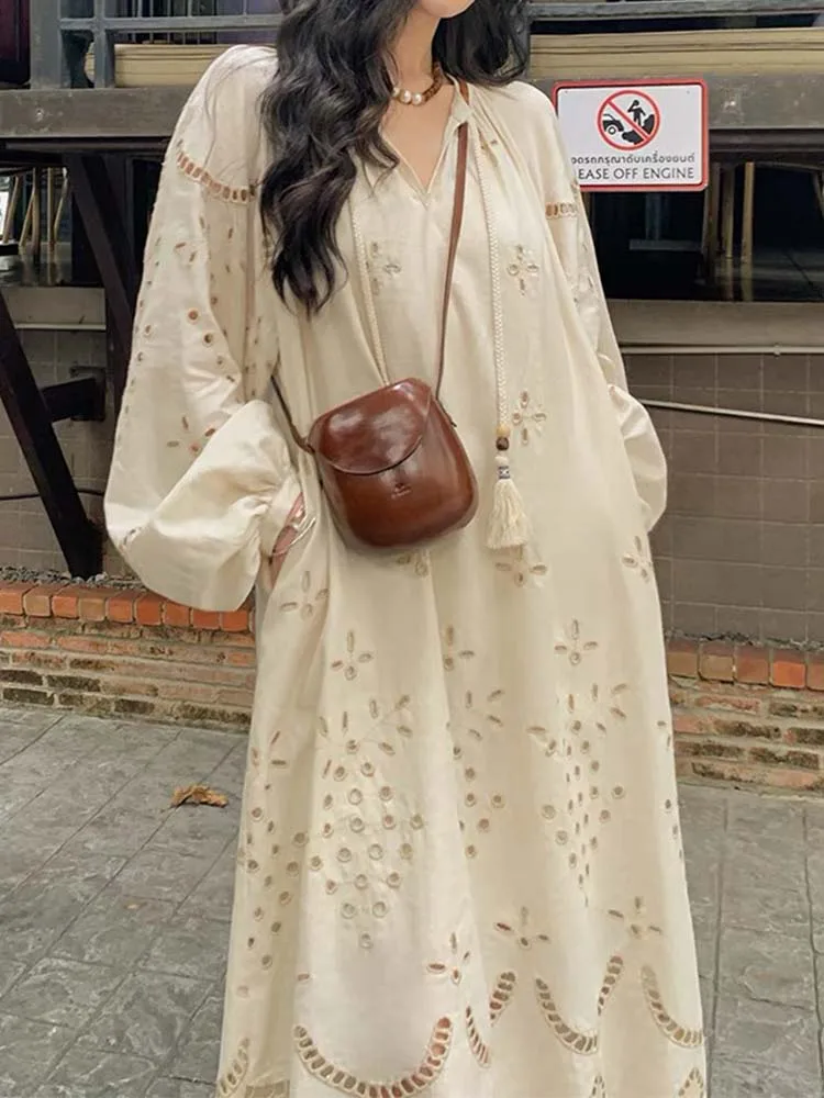 Boho Hollow Out Dress Women Casual Loose Long Sleeve V Neck Dress Female Autumn Korean Style Vintage Fashion Tassel Long Dresses