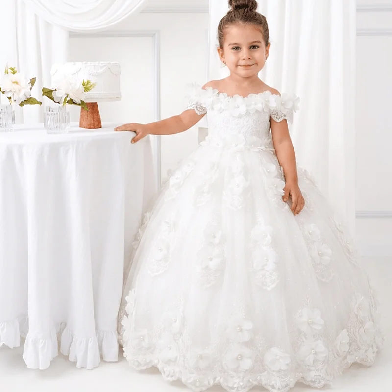 Custom Flower Girl Dress For Wedding Hand Sewn 3D Floral Lace Off Shoulder Short Sleeve Communion Indoor Birthday Portrait