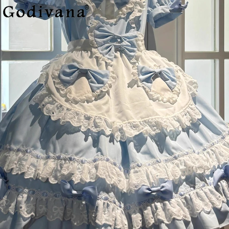 파란색과 흰색 일본 메이드 복장 소녀 로리타 2D 게임 애니메이션 코스프레 드레스 여성 로리타 푹신한 공주 드레스