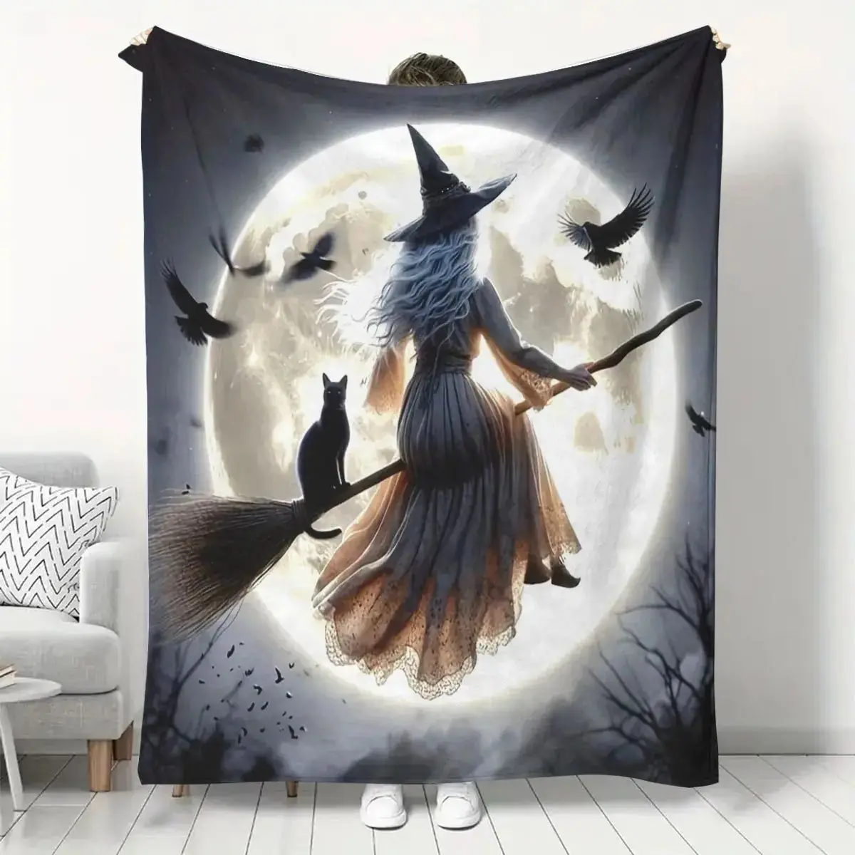 Halloween Witch Flannel Blanket, Witch Riding A Broom, with A Black Cat and An Owl, in A Completely Black Background