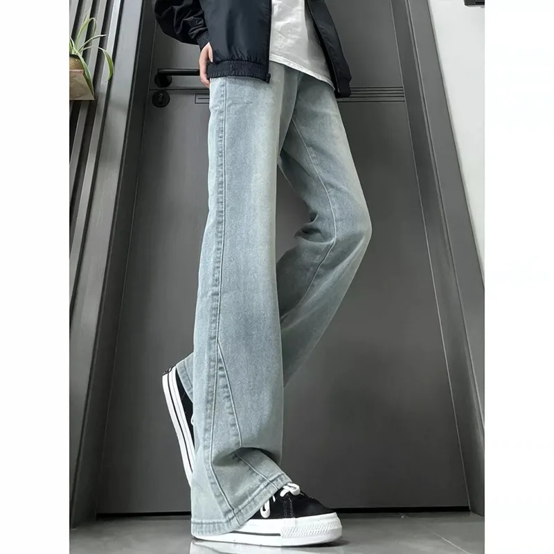 New Men Cleanfit Micro Flare Jeans American High Street Vibe Loose Slim Fit Trousers Washed Vintage Straight Denim Long Pants