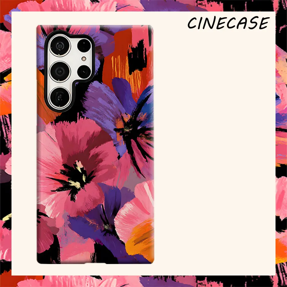 pink purple brushstroke flower For Samsung Galaxy S26 S25 S24 A56 A36 Dual Layer Luxury Fashion Full Lens Protective Case