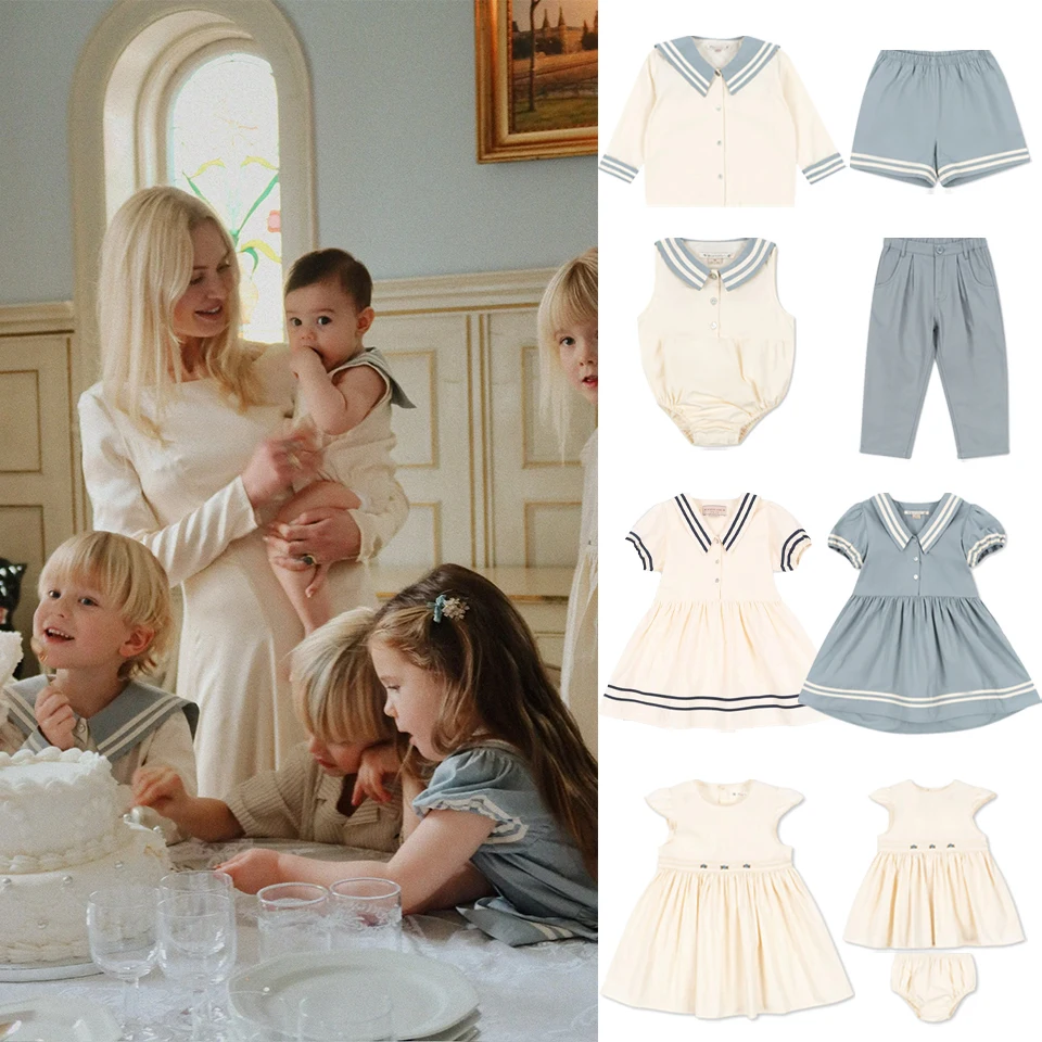 

Лето 2025 г., комплект детской одежды KS для мальчиков, крутая рубашка в темно-синем стиле, брюки, платье в консервативном стиле для девочек, мягкий комбинезон, шорты, костюм