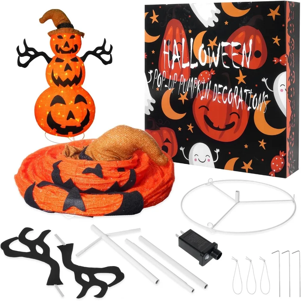 3.9 FT Pre-Lit Halloween Pumpkin Decorations Outdoor for Porch, LED 8 Twinkle Modes Light Up Pumpkin Decorations with Witch Hat