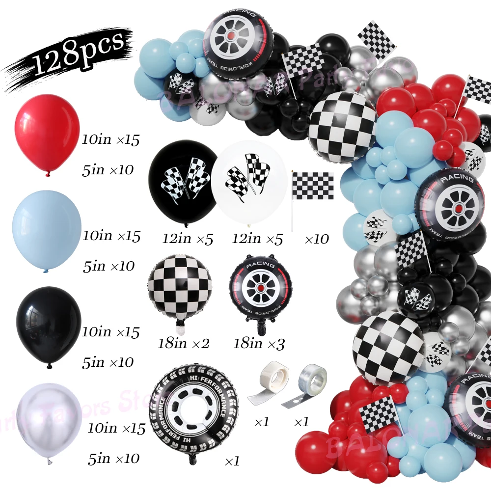 

Race Car Balloons Garland Arch Kit With Black Checkered Wheel Foil Balloon Racing Car Two Fast Birthday Party Supplies Globos