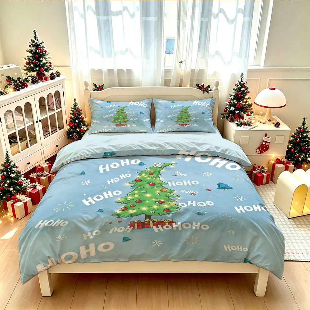 3PC Cartoon Christmas Tree Hoho Elements Print Duvet Cover Set Coreless1 Duvet Cover 2 Pillowcase Bedroom Bedding Decoration