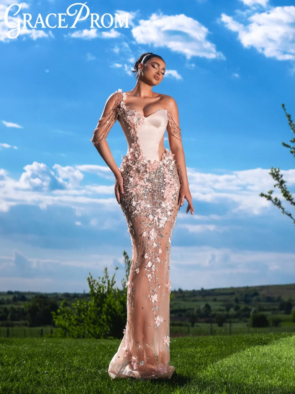 

Light Pink 3D Floral Evening Dress Floor-length Luxury Crystal Wedding Party Gown Customized Stunning Illusion Prom Dresses