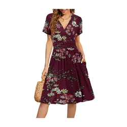 2026 Summer New Arrival Women's V-Neck Short Sleeve Floral Print Waist-Cinched Dress Loose Mid-Length A-Line Dress with Pockets