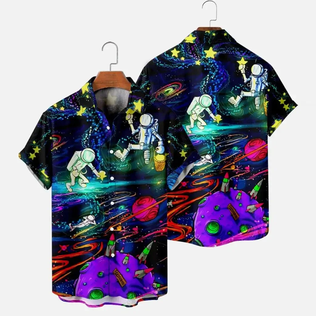 Camisa havaiana masculina com estampa de astronauta, estilo praia casual, lapela confortável, manga curta, tamanho grande, nova moda