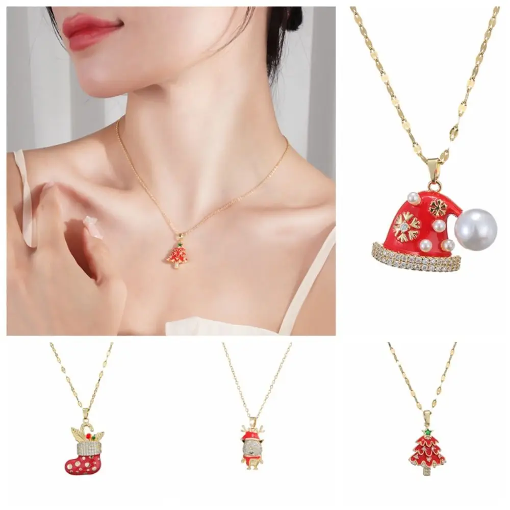 Fashion Santa Claus Christmas Rhinestone Necklace Deer Socks Cartoon Pendant Bracelet Elk Tree Xmas Clavicle Chain Gift