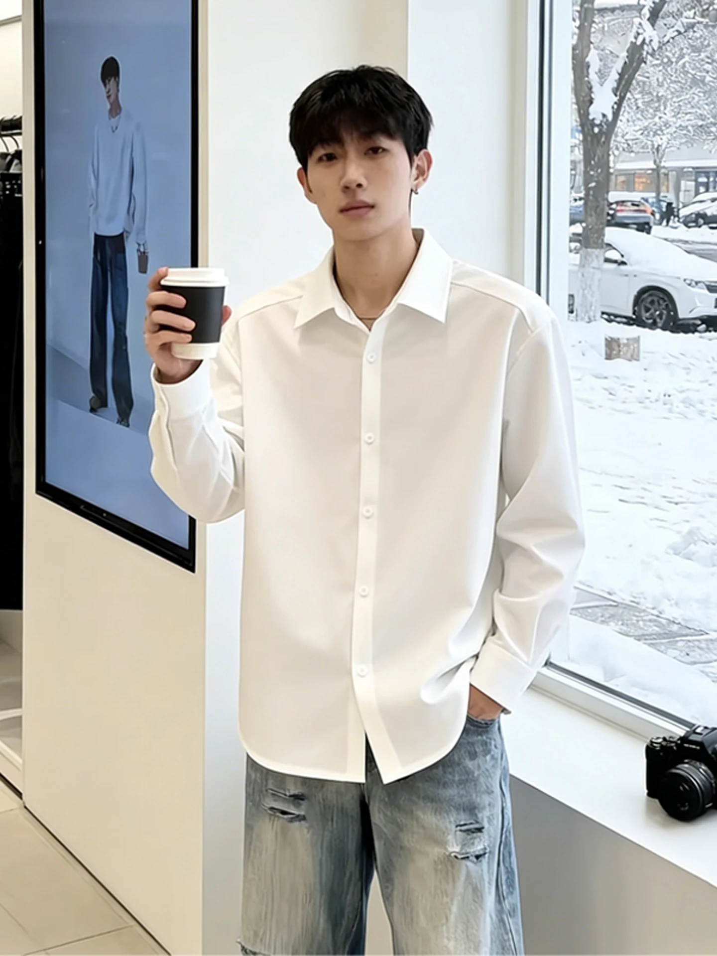 

Teenage Sle Men's Thiened Long Sve White irt Fce Lined Inner Wear Casual Faion Autumn Winter High End Feel irt