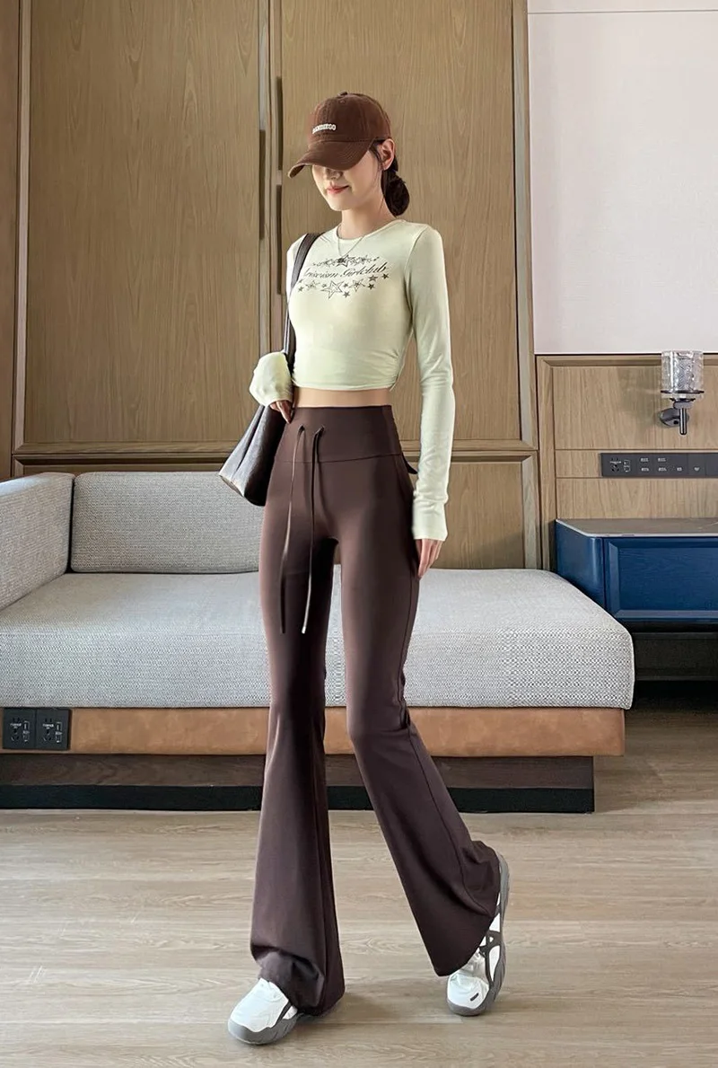BIVIGAOS Autumn New Drawstring High Waist Micro Flared Leggings Women Slim Fit Elastic Fashionable Casual Sports Flared Pants