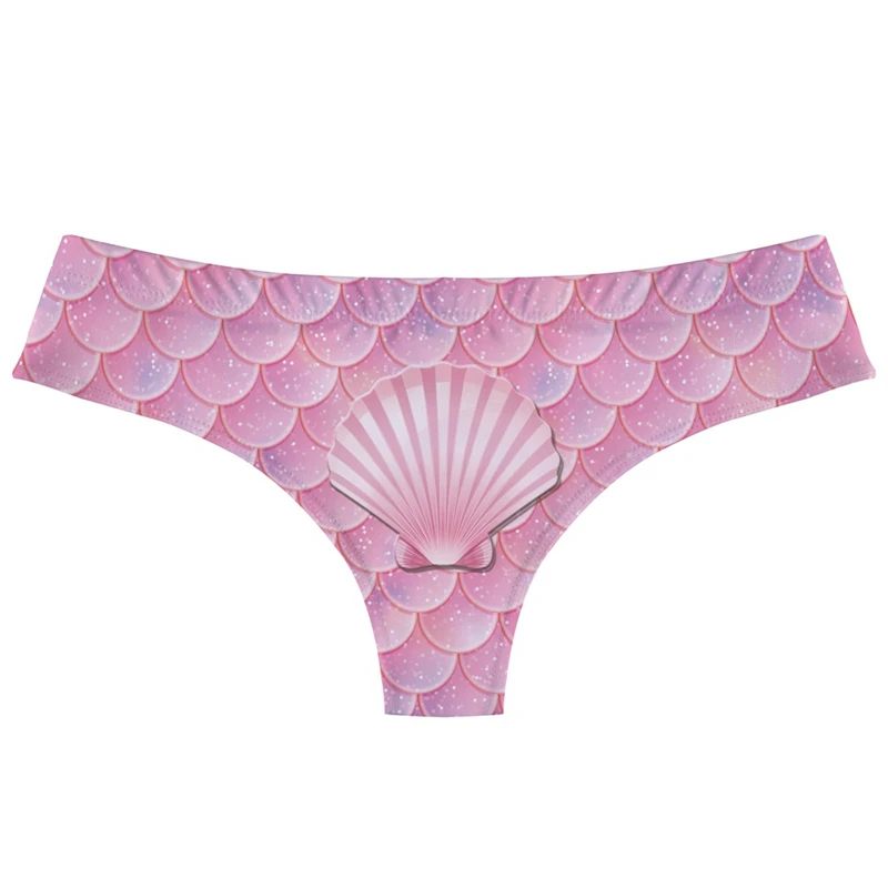 Mermaid Scale Print Women's Thong, Cute Shell Design High Cut Briefs, Seamless Stretchy Panties for Daily Wear