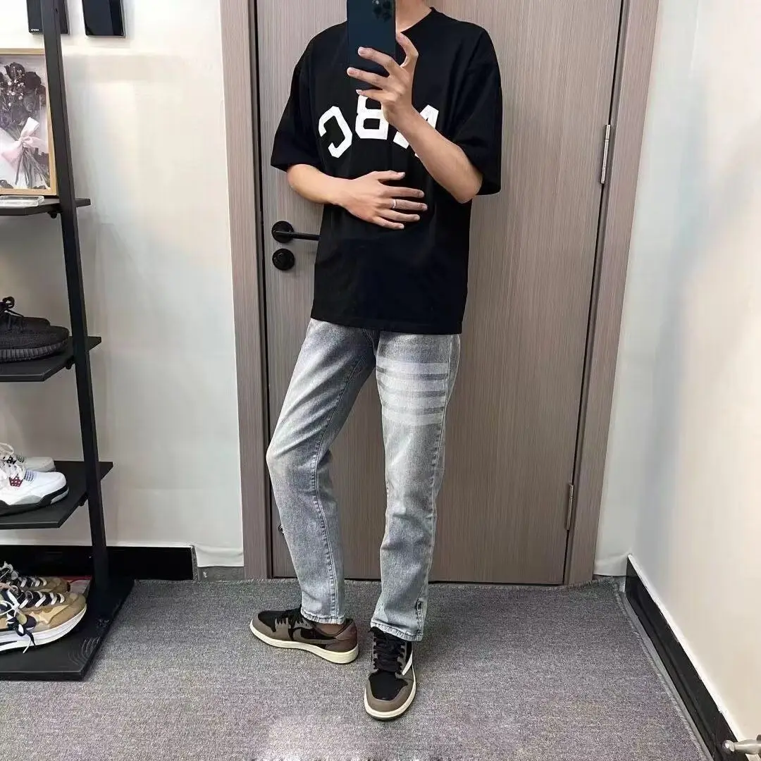 

Модные мужские облегающие прямые джинсы с винтажным принтом на талии, удобные джинсовые брюки на молнии со средней талией