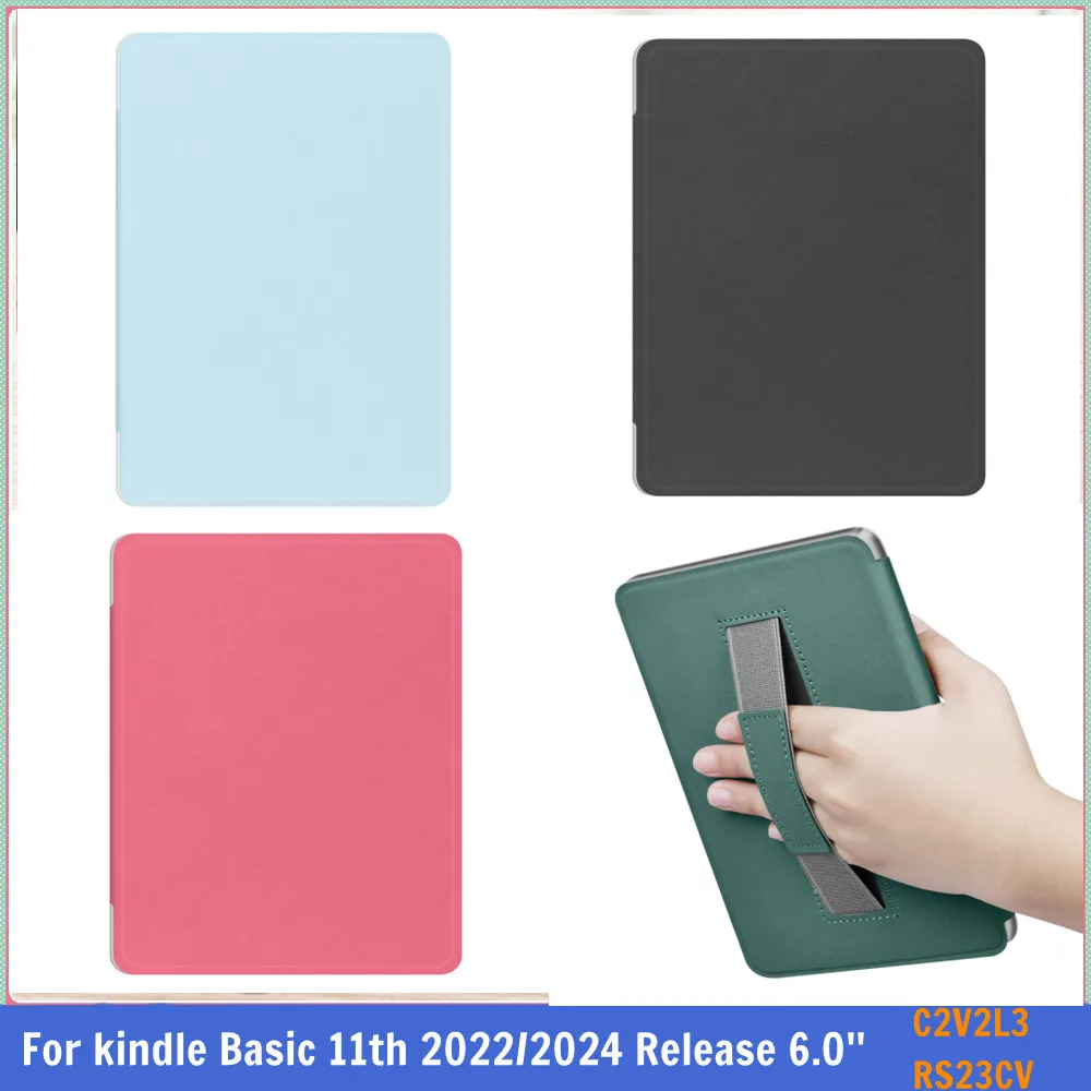 

PU Leather Clear Back Case For Kindle 11th Generation 2024 2022 RS23CV C2V2L3 Case 6'' with Hand Strap Ebook Wake Sleep Cover