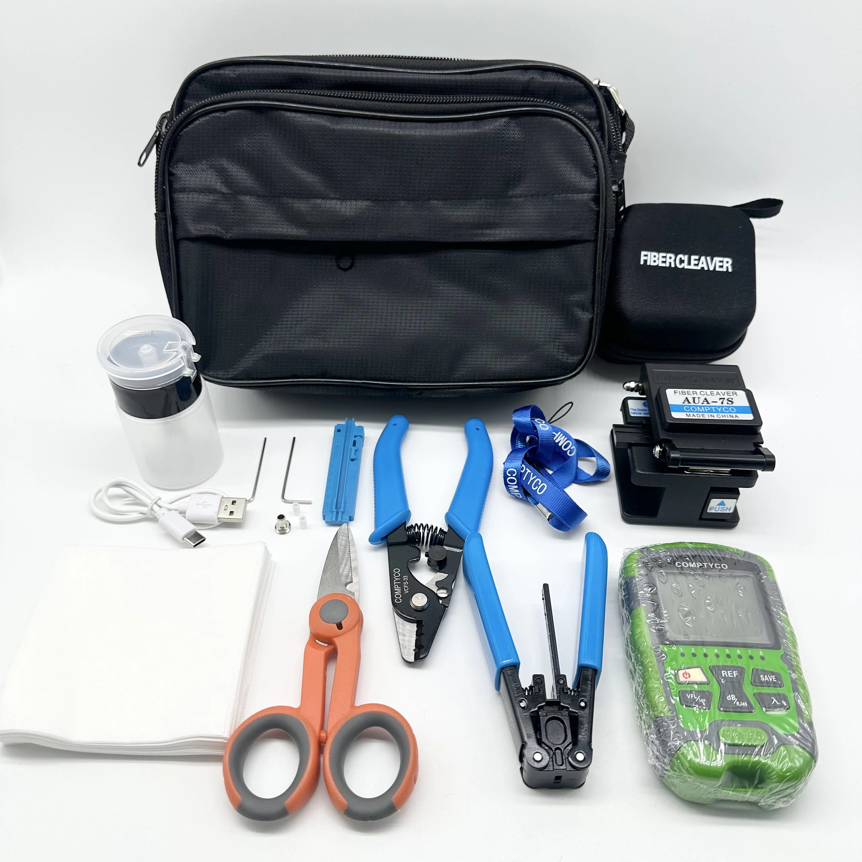FTTH Fiber Optic Tool Kit Fiber Cleaver 15mw Visual Fault Locator -50~+26dBm AUA-MC50 4 in 1 Mini Optical Power Meter