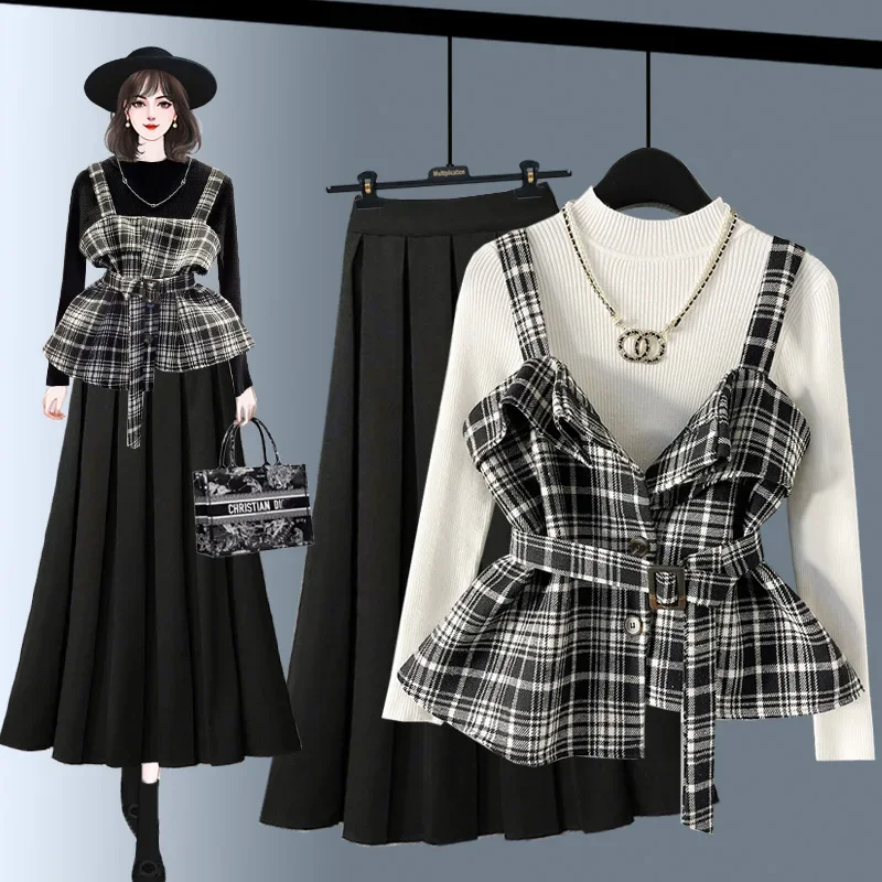 الراقية تويد منقوشة سترة غير متناظرة + طبقة قاعدة سترة + مطوي تنورة صغيرة المرأة طاقم الرقبة البلوز معطف