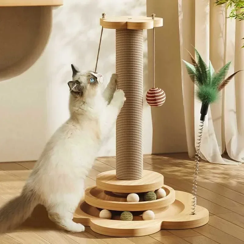 One-piece Pet Sisal Scratching Board Cat Toys Solid Wood Cat Climbing Frame Durable Cat Grab Column with Turntable Cat Toys