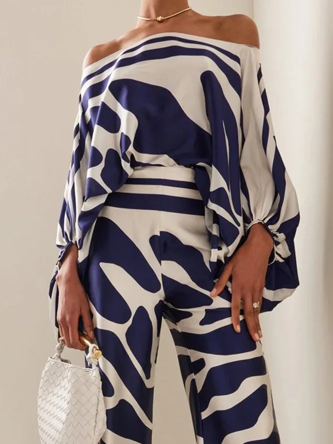 Chic Print Lantern Sleeve Satin Top Wide Leg Pant Suit Women Sexy Off Shoulder Long Sleeve 2 Piece Set Casual Office Lady Outfit