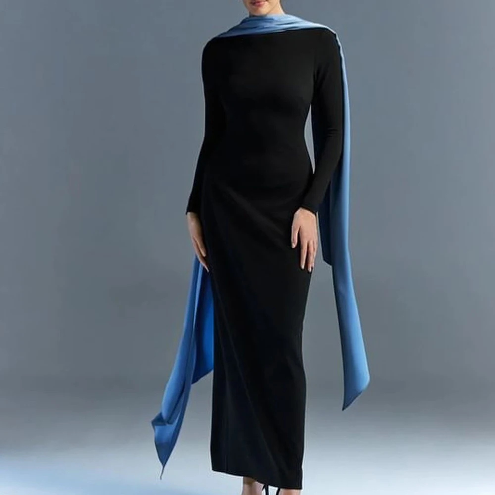 Elegant Party Dresses Woman 2024 Shawl Straight Contrast Color High Collar Long Sleeve Ankle Length Straight Bridesmaid Gowns