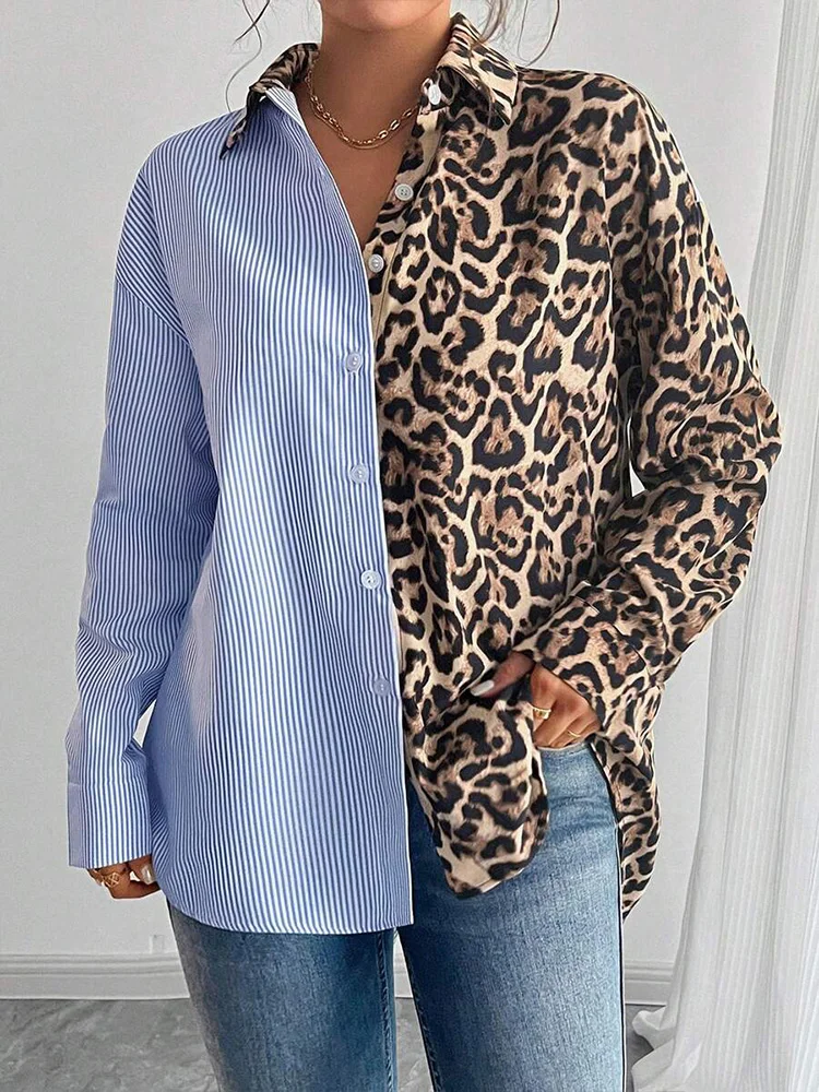 Koszula w panterkę z długim rękawem, patchworkowa, na wiosnę i jesień, luźny i nieregularny krój, uniwersalna do codziennych wyjść i pracy.