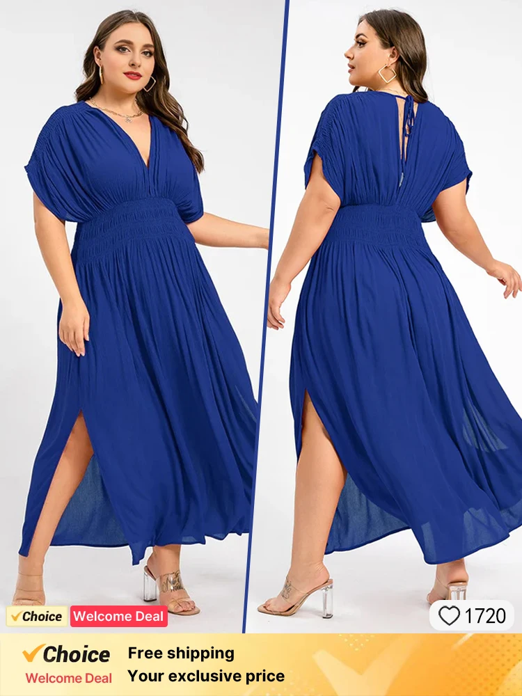 

2025 Summer New Women's Dress Fashion Deep Blue Chiffon Waist Ruffle Women's Dress Large Casual Holiday Dress Women