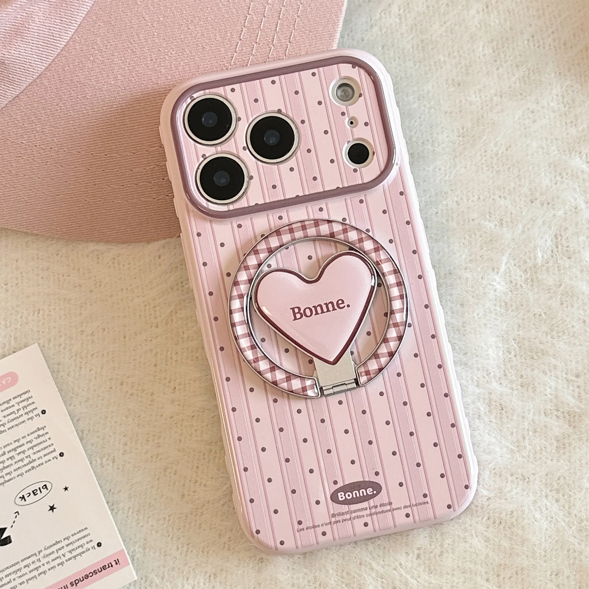 Korean Striped Dots Fold Lattice Love Heart Magnetic Bracket Phone Case For iPhone 17 16 15 14 13 12 Pro Max Shockproof Cover